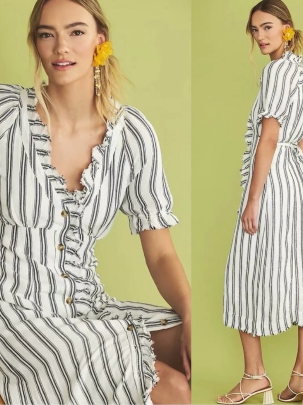 Pilcro White and Black Striped Ruffle Midi Dress Size 10